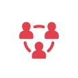 Icon of a a network of there people in red in front of a white circle