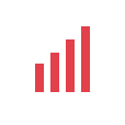 Icon of a bar graph in red in front of a white circle