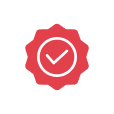 Icon of a checkmark certificate in red in front of a white circle