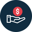 Icon of a hand and money sign in white and red in front of a dark blue circle