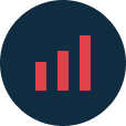 Icon of a bar graph in red in front of a dark blue circle