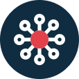 Icon of a pattern in red and white in front of a dark blue circle