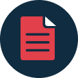 Icon of a document in red in front of a dark blue circle