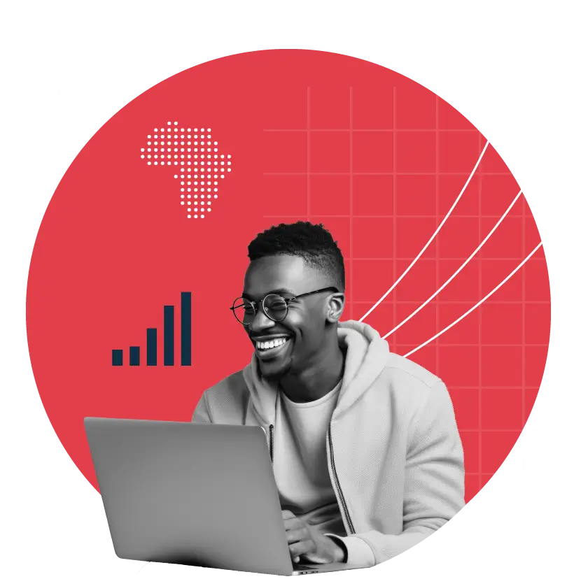 Person using a laptop placed in front of a large red background circle with lines and charts surrounding